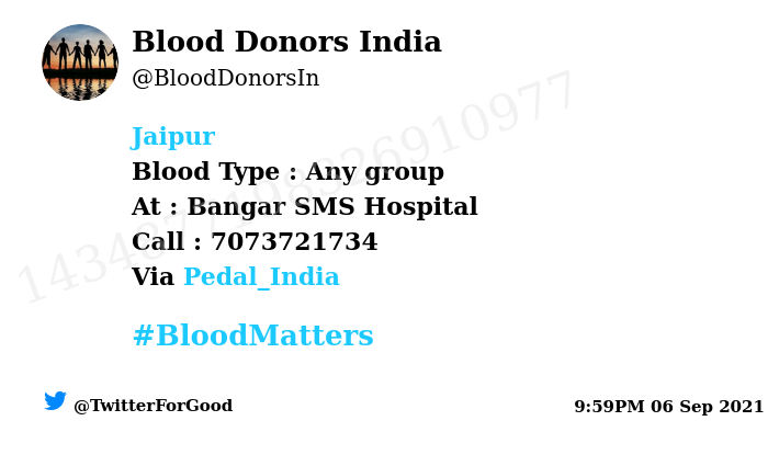 BloodDonorsIn's tweet photo. #Jaipur
Need #Blood Type :  Any group
Blood Component : Blood
Number of Units : 2
Primary Number : 7073721734
Patient : Manisha
Via: @Pedal_India
#BloodMatters
Powered by Twitter https://t.co/HYG4QpRiq7