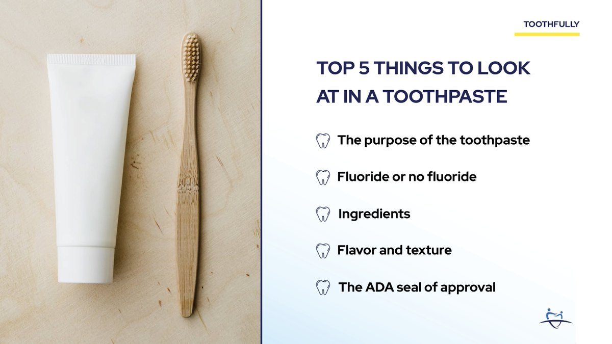 Top 5 things to look at in a #toothpaste:

✔️ The purpose of the toothpaste 
✔️ Fluoride or no fluoride 
✔️ Ingredients 
✔️ Flavor and texture 
✔️ The #ADA seal of approval

#dentalcare #dental #dentistry #dentist #dentists #healthcare