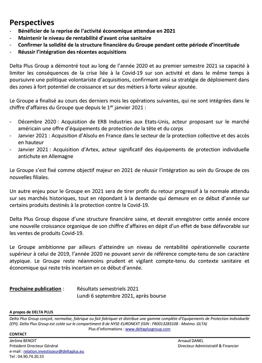 DLogoi's tweet photo. #DeltaPlusGroup Résultats S1 2021
🟢CA +21,8% à 166,8M€
🟢Rentabilité opérationnelle +14,2% à 22,9M€ (13,8% du CA) - 🟢Renforcement de la structure financière https://t.co/OzGt7vDKbX