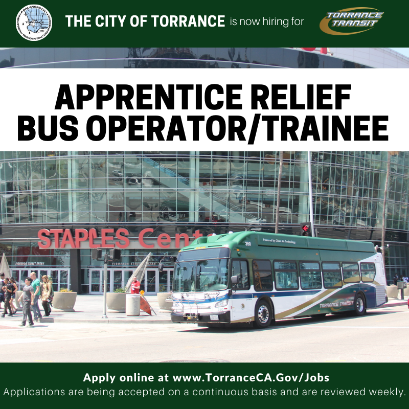 torrance_hr's tweet image. The City of Torrance is now hiring for the position of APPRENTICE RELIEF BUS OPERATOR/TRAINEE. Applications are being accepted on a continuous basis. Visit TorranceCA.Gov/Jobs for more information &amp;amp; to apply. #CityofTorrance #TorranceTransit #BusOperator #JoinTeamTorrance