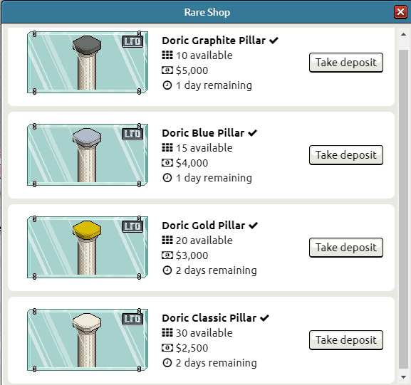 🆕 𝗡𝗘𝗪 𝗥𝗔𝗥𝗘 𝗟𝗧𝗗 𝗗𝗥𝗢𝗣

Now available to put deposits down on. Graphite, Blue, Gold, and Classic pillars at Modani Rares store.

📍 LA Mall ➡️ Modani Rares
🔗 PeakRP.com/rares

#Habbo
