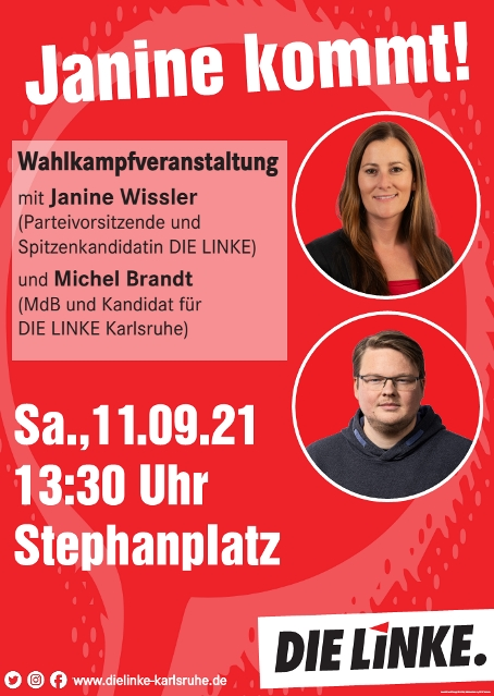Earthfriend21's tweet photo. #Infotweet
@Janine_Wissler ❣️ kommt nach #Karlsruhe 😊: 11.09.21/13:30 auf den #Stephanplatz
Janine wird am Samstag zur Unterstützung ✊👍von @michel_brandt_ auf die große #Linke Wahlkundgebung kommen. #DieLinke #machtdaslandgerecht #sozialklimagerecht #jetzt #Bundestagswahl https://t.co/zs8fZg5Uhy