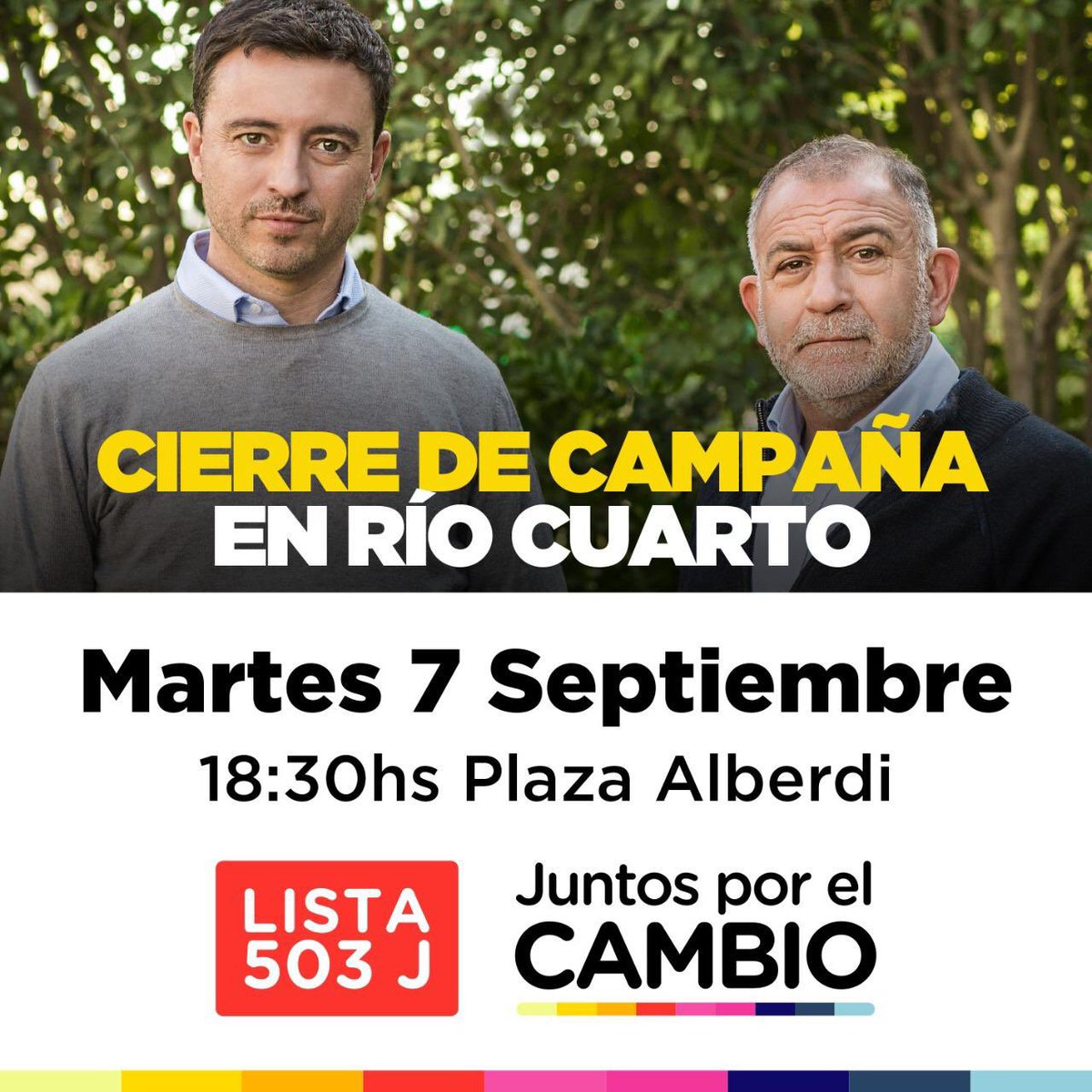 Mañana te esperamos a las 18.30 hs en Plaza Alberdi de #RioCuarto para compartir el cierre de campaña de #CambiandoJuntos. Sumate!  🙌