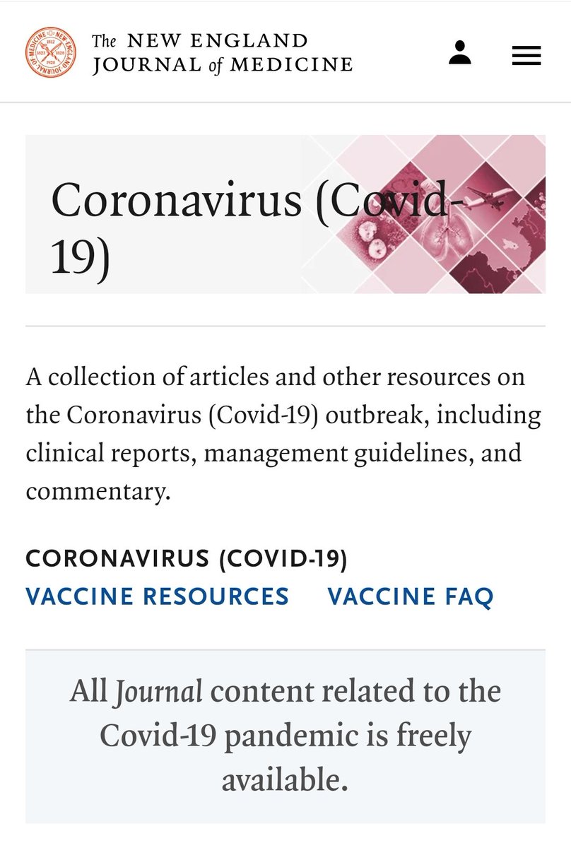 REGALAZO!
The <a href="/NEJM/">NEJM</a>  ha liberado todos los artículos relacionados con #Coronavirus. Aquí os dejo el link:
nejm.org/coronavirus?ci…. Por favor difundir a todos los conocidos de la comunidad médica y científica.
💯💯💯💯💯RTs!