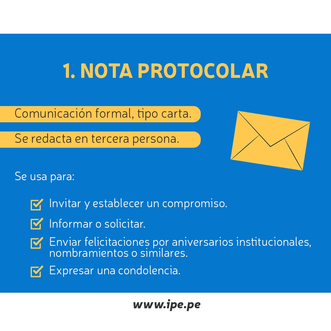 ipe_tw's tweet photo. La Correspondencia Protocolar es aquella que intercambian instituciones, autoridades, funcionarios, personalidades y similares.
📄 Nota Protocolar:
Es una comunicación formal tipo carta que se utiliza para invitar, informar, solicitar, enviar felicitaciones, entre otros. https://t.co/Rs3XifGEg4