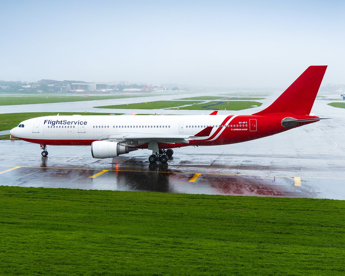 Indian_Spotter's tweet photo. Rains & Reflections! 🌧️🚨
@FlightService_ @Airbus #A330-200 (9H-MFS) holds short runway 27 at CSMIA #Mumbai.🛫
#flightservice #malethaero #preighter #cargo #aviationphotography #avgeek https://t.co/gwNJq9CPR7