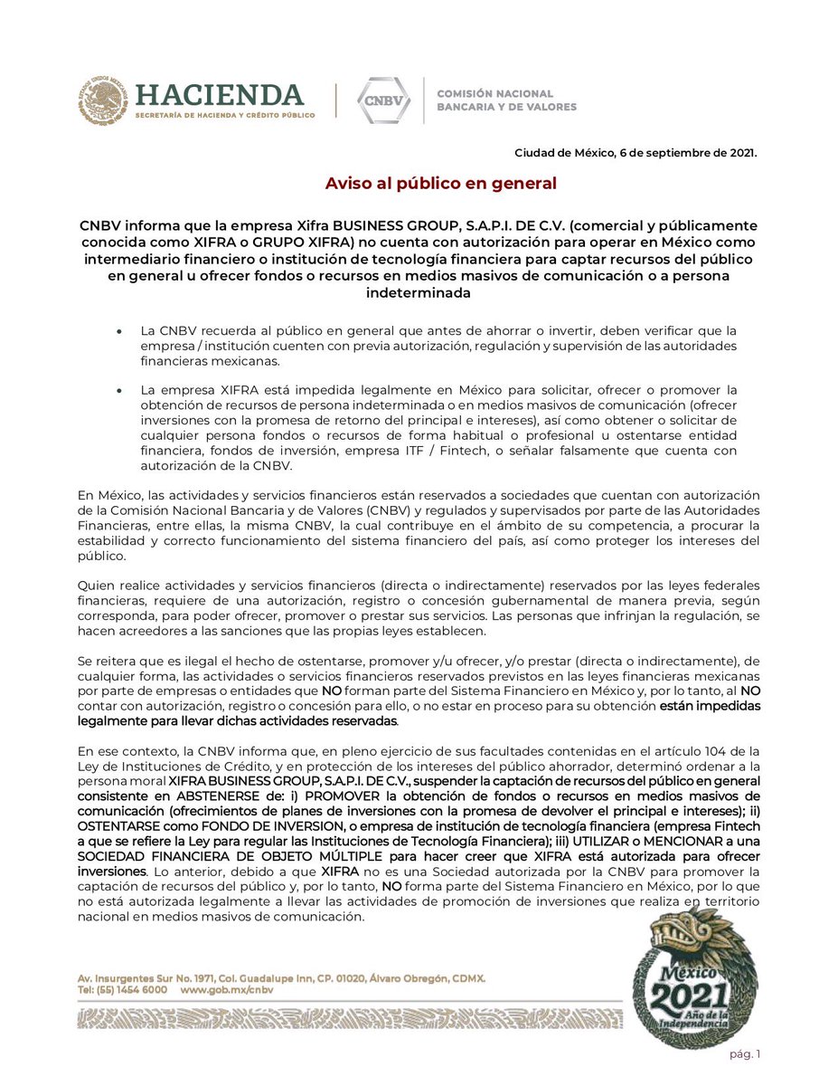 cnbvmx's tweet image. ⚠️ La #CNBV informa que la empresa XIFRA BUSINESS GROUP, S.A.P.I. DE C.V., no cuenta con autorización para captar recursos del público en general. 

📌#Aviso 📄  bit.ly/3BGJawi