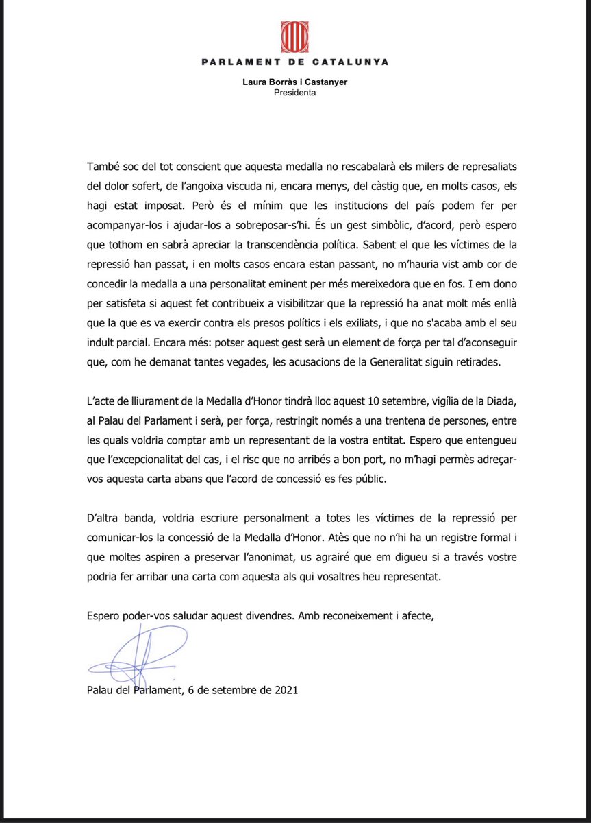 Hem estat distingits pel <a href="/parlamentcat/">Parlament de Catalunya</a> i la seva Presidenta <a href="/LauraBorras/">Laura Borràs 🎗</a> amb la Medalla d’Honor✨ per a la defensa desinteressada dels drets civils i polítics dels represaliats. 

Amb molt agraïment, orgull i satisfacció, seguim a la vostra disposició com a l’#1O i sempre.