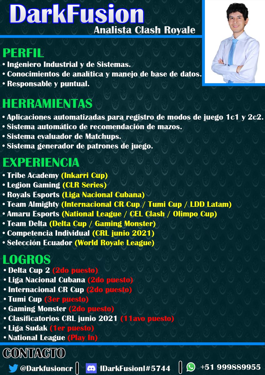#CVActualizado

#Analista 📊 de #ClashRoyale para distintas ligas del sector 🧐. Metodología de trabajo y ejemplos de informes al MD. 📩

Se agradece RT 🔁 y FAV ❤️.