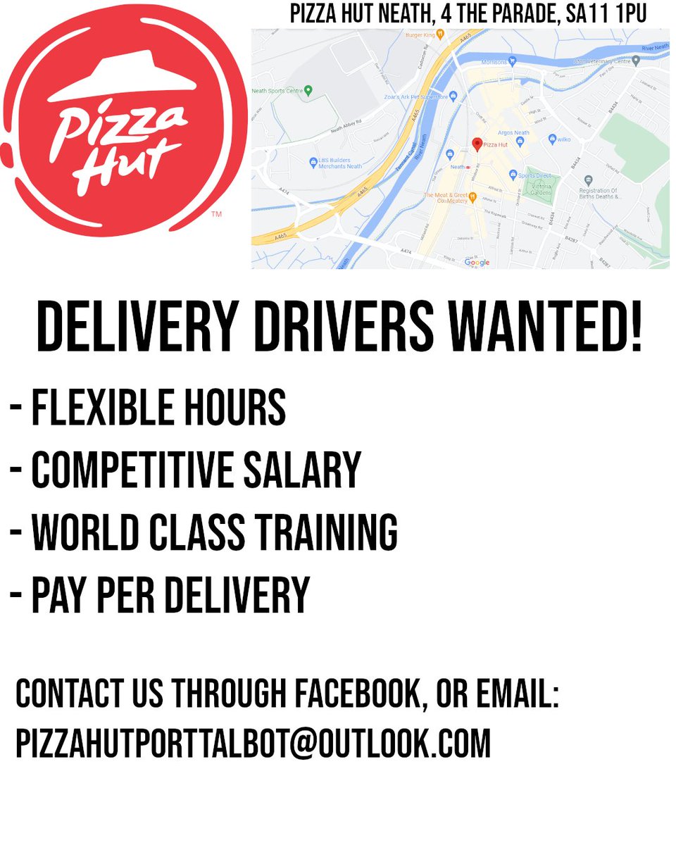 pizzahutneath's tweet photo. Drivers wanted in the #PizzaHut Neath store!

Competitive Salary ✅
Pay Per Delivery ✅
Flexible Schedule ✅
World Class Training ✅

Email pizzahutporttalbot@outlook.com for more info or call 01639620202

#JobsNeath #JobsNPT #DriversWanted #JobVacancy https://t.co/3q4utl3ODr