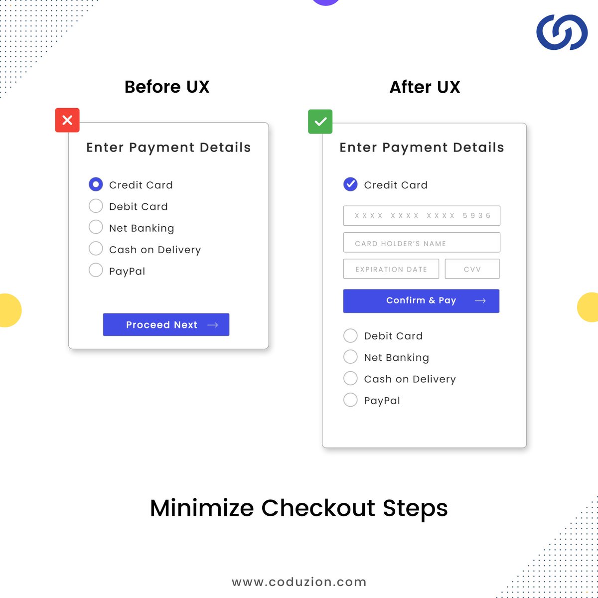coduzion's tweet photo. Make interesting and uninterruptable #eCommerce checkout flow to increase customer success ratio.
Eliminate unwanted steps that can make your #checkout long and tedious!
Stay tuned with us on https://t.co/WbVIg8IqWC
#Coduzion #ux #CRO #retantion #100DaysOfCode #Payment https://t.co/pBZav7DeVq