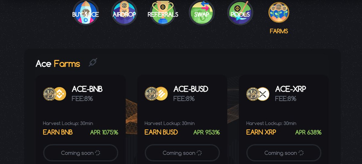 Soon. Very Soon.

👇🏽

burnace.io/app?tab=farms

#Burnace #ACE #BNB #XRP #USDT #TRX #DAI #CAKE #Farming #HotPools #APY