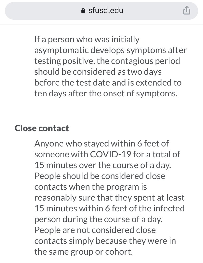 Israel_MD's tweet photo. As an added challenge, SFUSD’s “close contact” definition seems to have no relation to CDC.  Most importantly, if kids are masked, you’re not close contacts by @CDCgov ; but for SFUSD, it seems more like any cumulative amount of time adding up to 15 minutes in a day. 🤯 https://t.co/bjTKP6i5mE