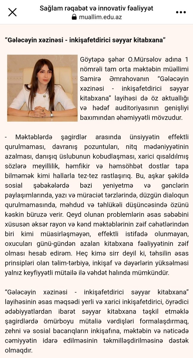 samire812206's tweet photo. "Gələcəyin xəzinəsi-inkişafetdirici səyyar kitabxana" layihəsi haqqında "Azərbaycan müəllimi"qəzetində ətraflı verilmişdir.
#AzərbaycanMüəllimi
#VQrant
@jalilabadeduaz
@tehsilgovaz
Ətraflı: https://t.co/j9HOUNnvFS https://t.co/5BrfJpoWYG