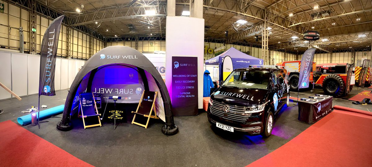 Stand R81 at the @emergencyukshow 
Setup done. Come see us if you’re here. 
#Emergencyservicesshow #surf #surftherapy #NEC #Volkswagencommercial #longwayfromhome