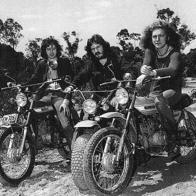 Jimmy Page, John Bonham and Robert Plant on their motorcycles, 1972.