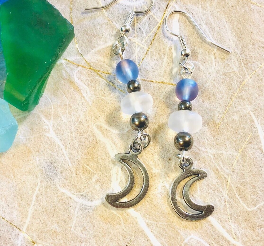 Excited to share this item from my #etsy shop: Silver Half Moon Earrings w Blue & Clear Glass Beads, Pierced, Silver plated wires. Celestial Moons, Lunar Jewelry, Goddess etsy.me/3jOPOuh
