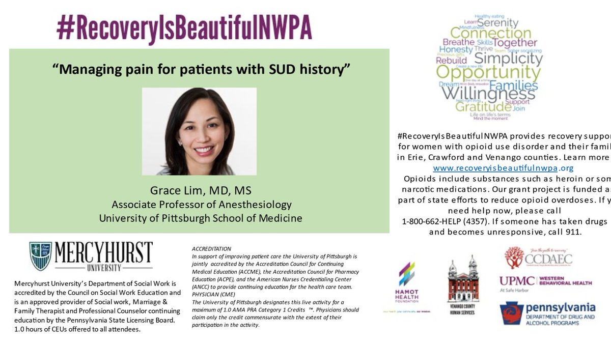 LimGrapes's tweet image. Looking fwd to presenting our clinical work &amp;amp; research at today&apos;s lecture. TY for spearheading this program @MercyhurstU &amp;amp; many others 🙏🫂

recoveryisnwpa.org  

cc @OBAnesUPMC @PittAnes @UPMCAnesRes @MySMFM @SOAPHQ @mageeobgynresi1 @MageeUroGyn @KelseaLa &amp;amp; Liz Krans