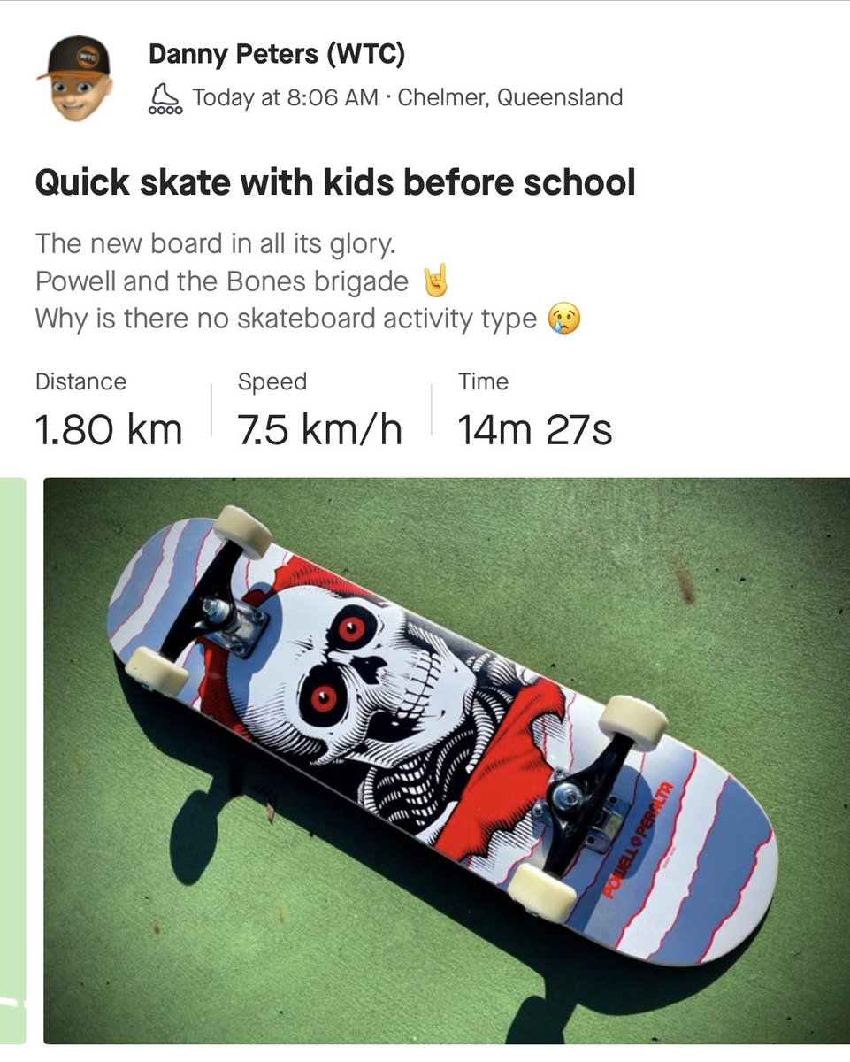 dans_tri_zone's tweet image. Hey 👋 @Strava , why is there no Skateboarding 🛹 activity type and yet there is wingsuit flying??
I’m using inline skating but it feels very very wrong. Oh and @Garmin you don’t make it easy to record skateboarding either??