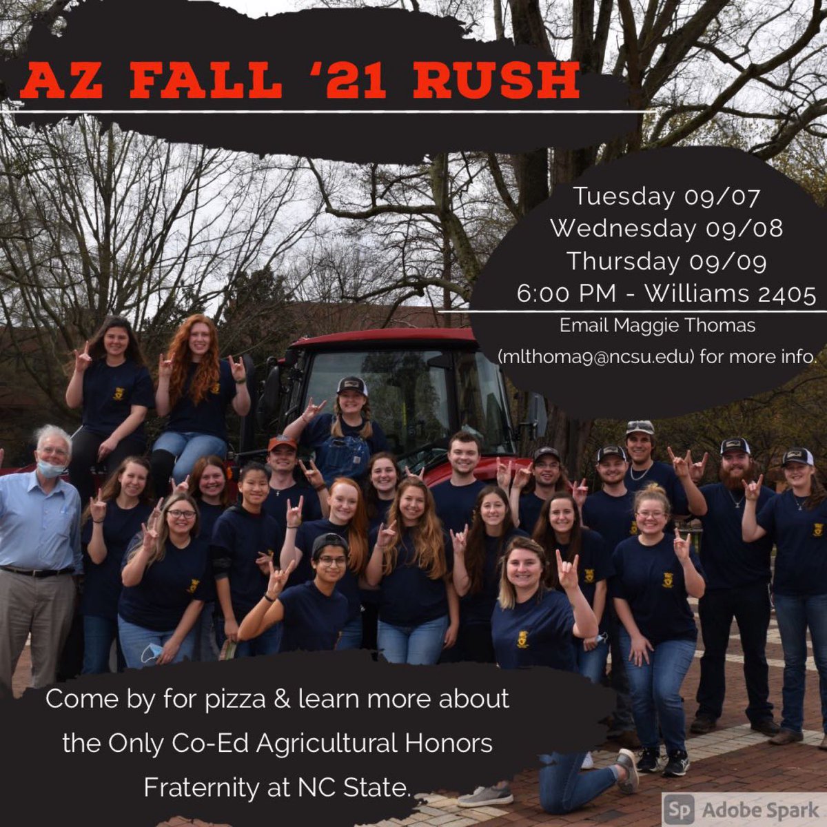 Alpha Zeta will be having our in-person Rush this week in Williams 2405! There will be pizza and opportunities to learn and fellowship with the Brotherhood! If you are in CALS, CNR or COS and are interested in Rushing - please contact Censor Maggie Thomas at mlthoma9@ncsu.edu.