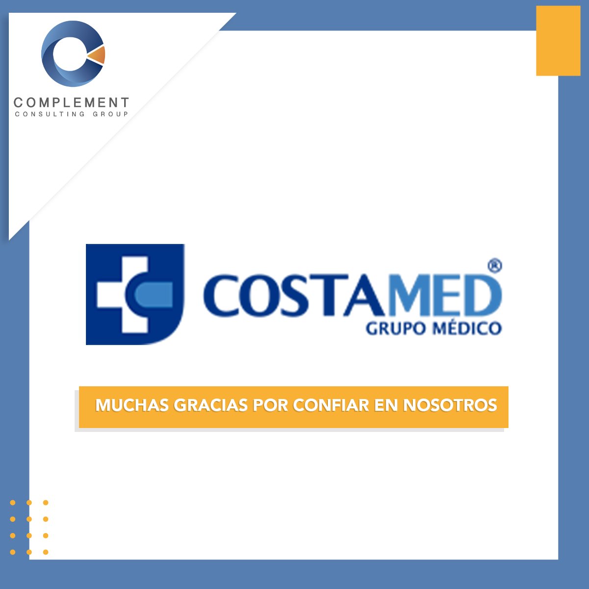 GroupComplement's tweet image. Agradecemos a nuestro cliente COSTAMED Grupo Médico, un hospital con servicios médicos con la mejor gama de especialidades en Cozumel, Quintana Roo por confiar en nosotros para brindarle:
✅Investigación de mercados

#complementcg #consulting #investigacióndemercado #COSTAMED
