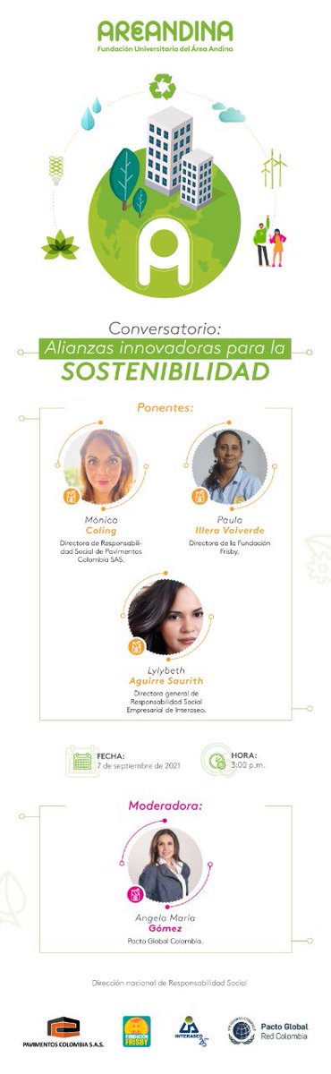 pactocolombia's tweet photo. Conéctate al conversatorio Alianzas innovadoras para la #sostenibilidad de @Areandina 

🗓Sept. 7 - 3 PM 
📲https://t.co/vdPA2G7eUa 

Buenas prácticas, herramientas y opiniones en sostenibilidad junto a @PavcolSAS @GrupoInteraseo Fundación @frisbylohace 

Modera @sentirplaneta https://t.co/mA6nVkN5tA