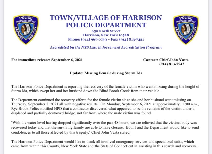 **PRESS RELEASE** The second victim’s body has been recovered from Storm Ida. #stormida