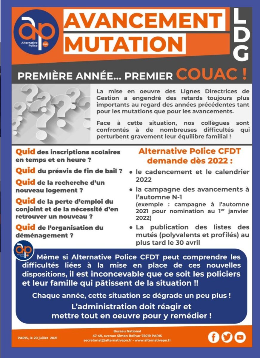 Alternative_PN's tweet image. @Alternative_PN dénonçait en juillet le retard engendré par la mise en place des LDG et a été entendu par @Interieur_Gouv
A compter de 2022:
➡️publication du mouvement général, profilé et intra-CRS le 31/05 pour une prise poste en sept
➡️prise d'effet de l'avancement au 1 janvier