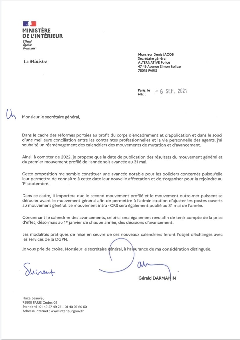 Alternative_PN's tweet image. @Alternative_PN dénonçait en juillet le retard engendré par la mise en place des LDG et a été entendu par @Interieur_Gouv
A compter de 2022:
➡️publication du mouvement général, profilé et intra-CRS le 31/05 pour une prise poste en sept
➡️prise d'effet de l'avancement au 1 janvier
