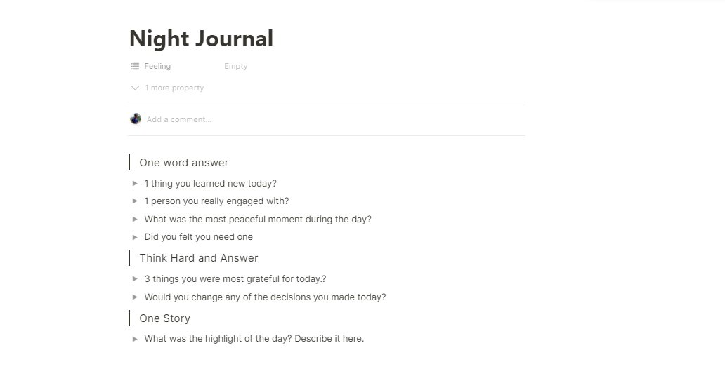 Atul ⚡ Notion4Creators (@atulacleaver) on Twitter photo After writing this #ship30for30 on Journaling,
I have become so consistent and mindful while journaling.
Here's how my night journal looks like(credits: <a href="/AlexTBNielsen/">𝐀𝐥𝐞𝐱 𝐍𝐢𝐞𝐥𝐬𝐞𝐧</a>) + I create any new entry if I wish to talk more on something.
x.com/AtulACleaver/s… After writing this #ship30for30 on Journaling,
I have become so consistent and mindful while journaling.
Here's how my night journal looks like(credits: <a href="/AlexTBNielsen/">𝐀𝐥𝐞𝐱 𝐍𝐢𝐞𝐥𝐬𝐞𝐧</a>) + I create any new entry if I wish to talk more on something.
x.com/AtulACleaver/s…