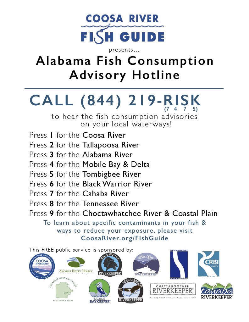 BWRiverkeeper's tweet photo. Happy Labor Day! Everyone knows that #fishing is a great holiday tradition in #Alabama, but far fewer folks know our state’s fish consumption advisories. Check out @CoosaRiverkeepr’s statewide #FishGuide hotline and learn more on @WaterkeepersA’s website: https://t.co/FI3eFnbvY3 https://t.co/3ciGKLnk5u