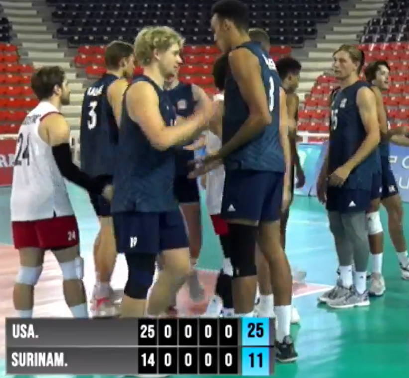 usavolleyball's tweet photo. A 10-point scoring run from the serve of Jacob Pasteur powers the U.S. to a 25-11 set 2 win. Pasteur has 6 aces on the day, 12 total points. 

Also, Matthew Palma has taken over as libero from Kyle Dagostino to make his MNT debut https://t.co/98xaHumW02