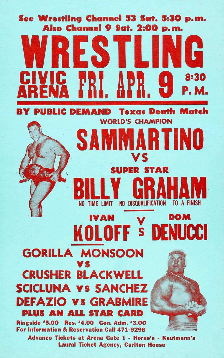 Texas Death Match in #Pittsburgh with #BrunoSammartino vs Super Star Billy Graham, 1976. 

#JumpingJohnnyDefazio #DominicDenucci