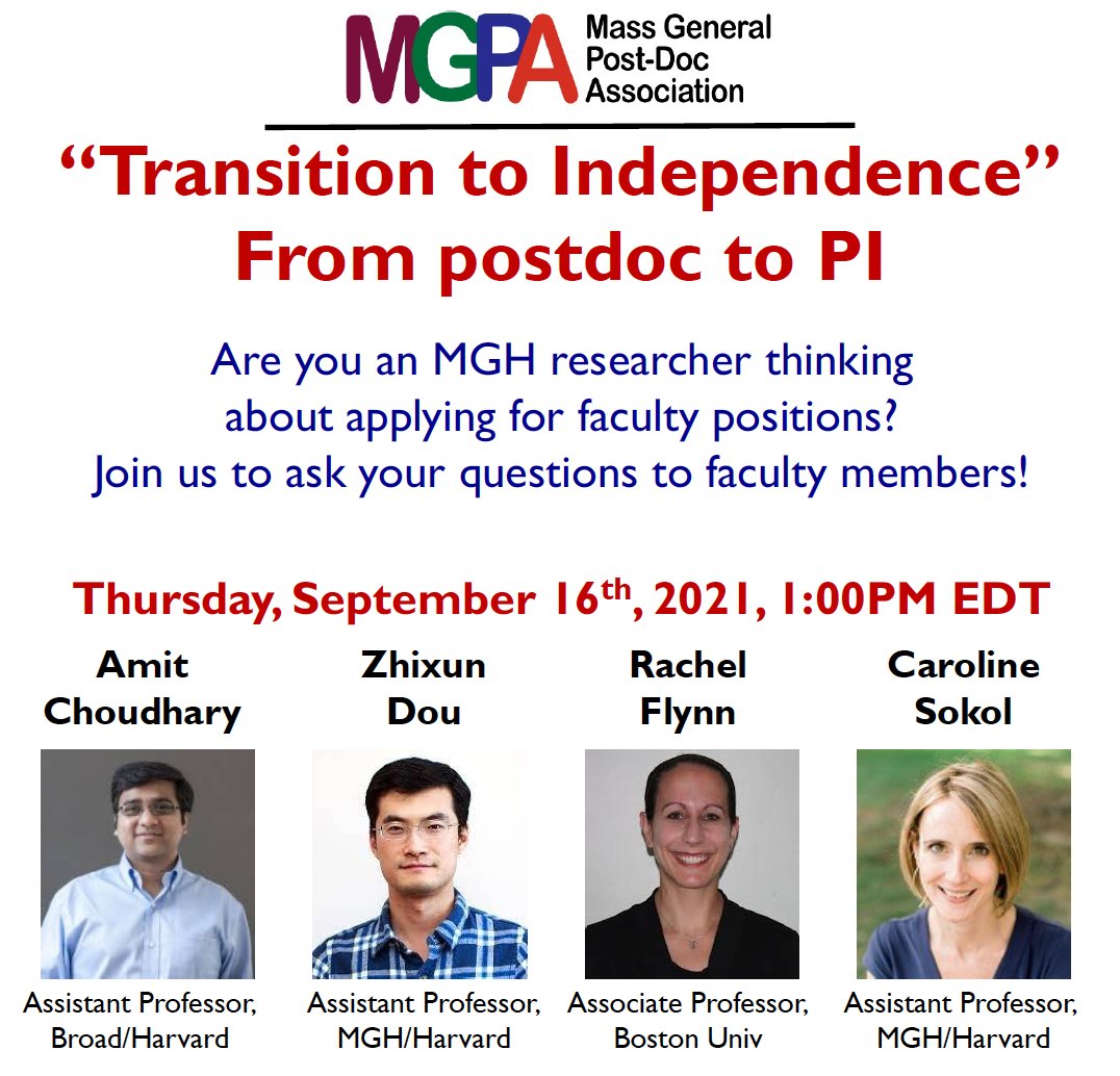 MGPA's Careers in Academia subcommittee will host a panel discussion on transition to independence. 

Date: Sep 16, 2021
Time: 1 PM - 2 PM

Register: tinyurl.com/4cx5cs57