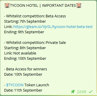 TycoonHotel's tweet photo. #TycoonHotel important dates. You can access now to our Whitelist: Beta Access site at: https://t.co/1dn7OvYDth

Starting on 7th September! https://t.co/SleK4ZaClb