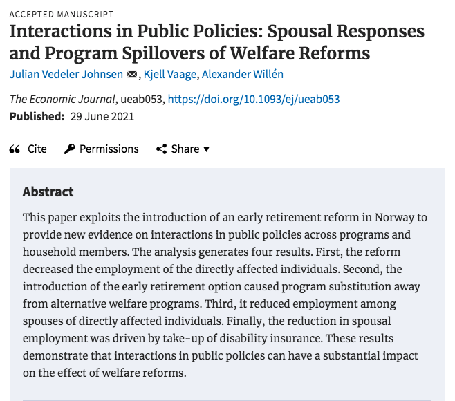 The Economic Journal (@ej_res) on Twitter photo Recently accepted by EJ: "Interactions in Public Policies: Spousal Responses and Program Spillovers of Welfare Reforms" by Julian Vedeler Johnsen <a href="/VedelerJulian/">Julian Vedeler Johnsen</a> , Kjell Vaage & Alexander Willén <a href="/ALPWillen/">Alexander Willén</a> academic.oup.com/ej/advance-art… Recently accepted by EJ: "Interactions in Public Policies: Spousal Responses and Program Spillovers of Welfare Reforms" by Julian Vedeler Johnsen <a href="/VedelerJulian/">Julian Vedeler Johnsen</a> , Kjell Vaage & Alexander Willén <a href="/ALPWillen/">Alexander Willén</a> academic.oup.com/ej/advance-art…