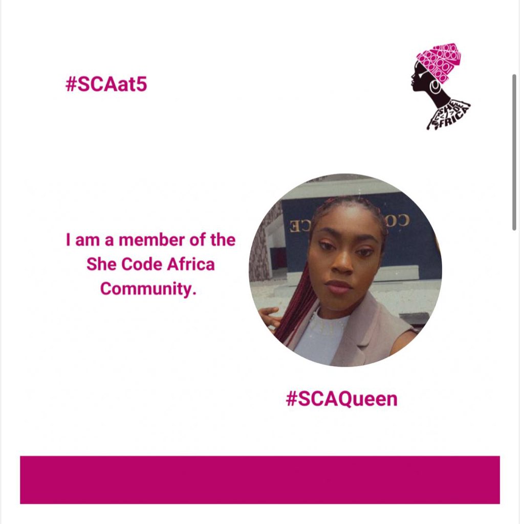 cherish_an's tweet photo. I am a proud member of the She Code Africa community.
Literally one of the best things that have happened to me on my tech journey.
@SheCodeAfrica
#SCAat5
#SCAQueen
#womenintech https://t.co/erzVoifZNO