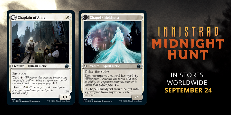PlayMTG's tweet photo. The #MPLGauntlet may be over, but we still have one last preview card to from the graveyard! Check out Chaplain of Alms // Chapel Shieldgeist from #MTGMidnight! https://t.co/KHaleOGPOZ