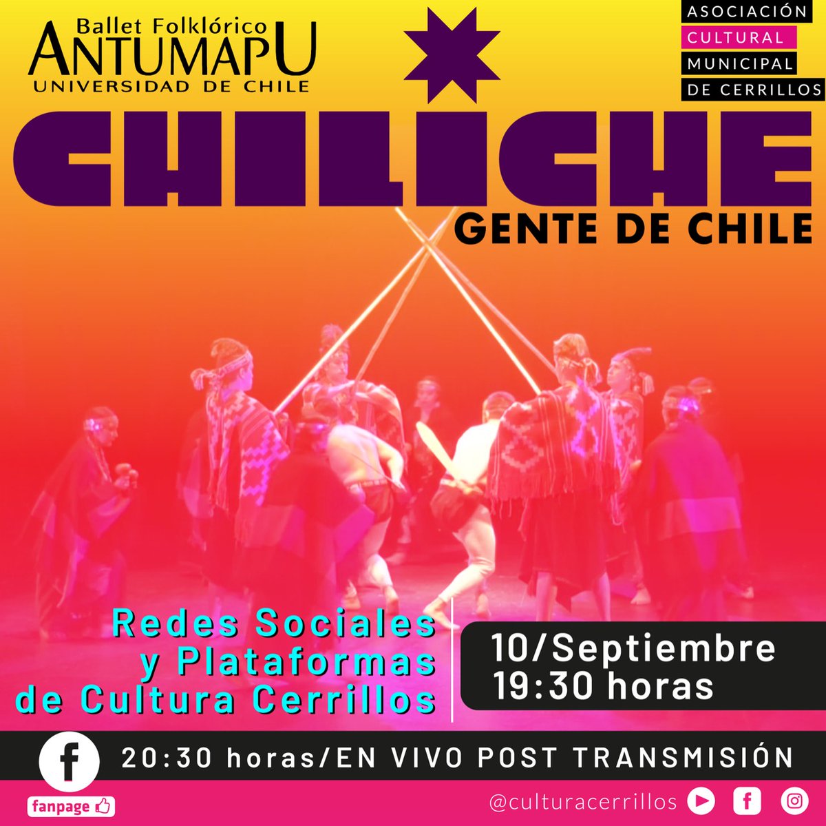 Agronomía UChile (@agronomiauchile) on Twitter photo La Asociación Cultural <a href="/municerrillos/">Muni Cerrillos</a>
y <a href="/BalletAntumapu/">Ballet Folklórico Antumapu</a> se complacen en invitarle a la emisión de "Chiliche: Gente de Chile" este viernes 10 de Septiembre a las 20:00 hrs.
Por Youtube @Culturacerrillos
#balletantumapu #folclore #danza #cultura La Asociación Cultural <a href="/municerrillos/">Muni Cerrillos</a>
y <a href="/BalletAntumapu/">Ballet Folklórico Antumapu</a> se complacen en invitarle a la emisión de "Chiliche: Gente de Chile" este viernes 10 de Septiembre a las 20:00 hrs.
Por Youtube @Culturacerrillos
#balletantumapu #folclore #danza #cultura