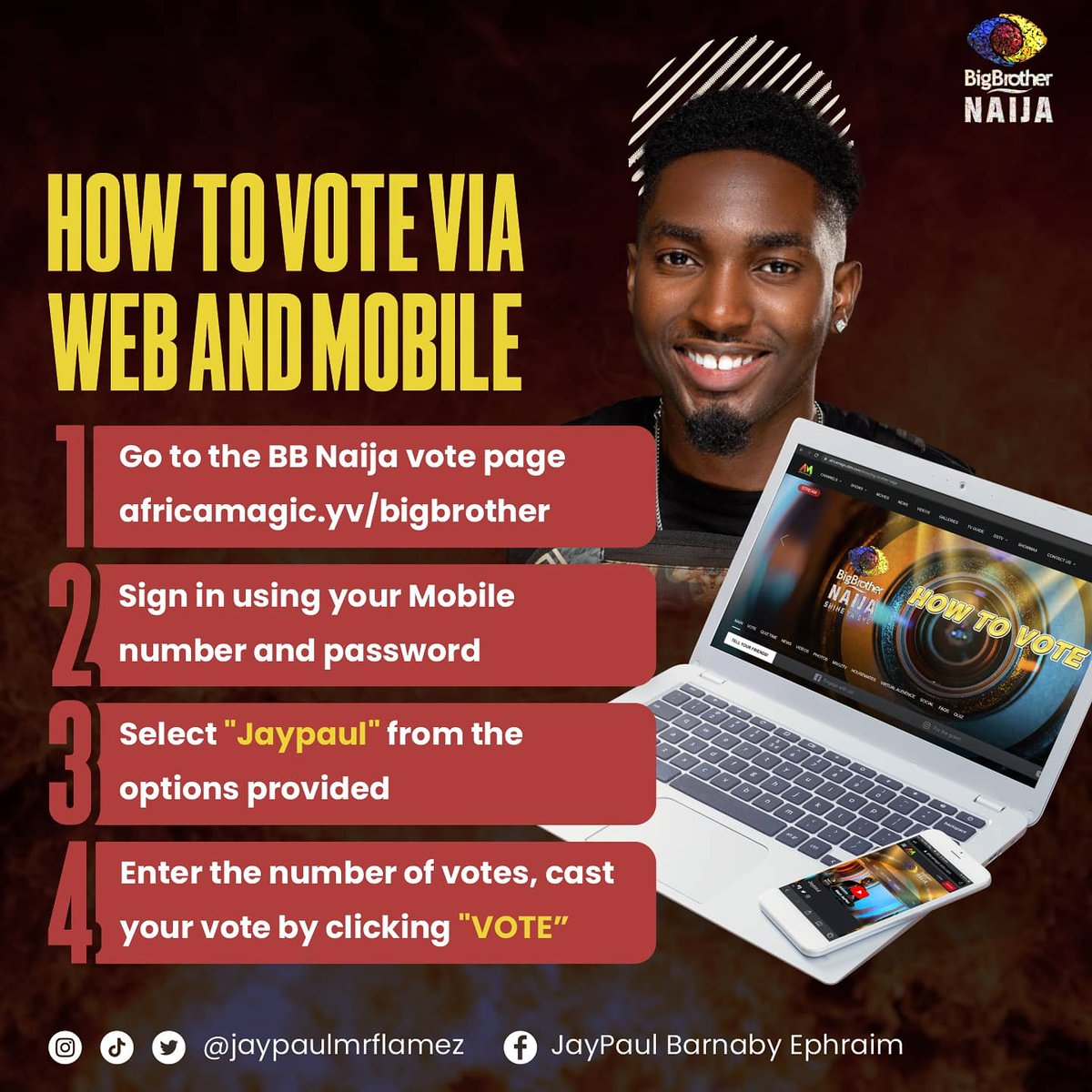 amandaoruh's tweet photo. Kindly vote for #DearJayPaul
Help him remain in the house. Thank you all ๐๐
#teamjaypaul #teamflamez #jaypaul #BBNaija6
@Jaypaulmrflamez https://t.co/6L1UZA2ArR
