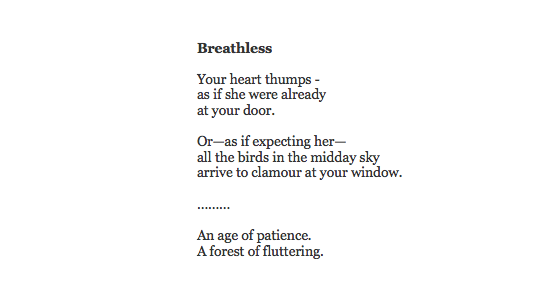 MayaCPopa's tweet photo. "An age of patience.
A forest of fluttering."

This lovely poem by Al-Saddiq Al-Raddi, trans. by Sarah Maguire and Sabry Hafez: https://t.co/MmU4oldYyS