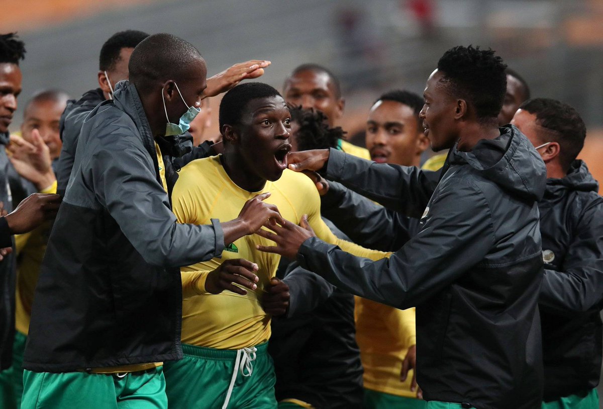 Bafana Bafana players celebrating during an international match.