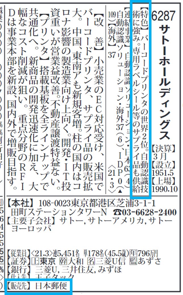 【バーコードプリンター２位】
～四季報で雑学～

6287サトーＨＤはバーコードプリンタで世界２位😊あなたの買った商品のバーコードも、同社のプリンターが印刷したかも？

なお、販売先は日本郵便が多いようです。