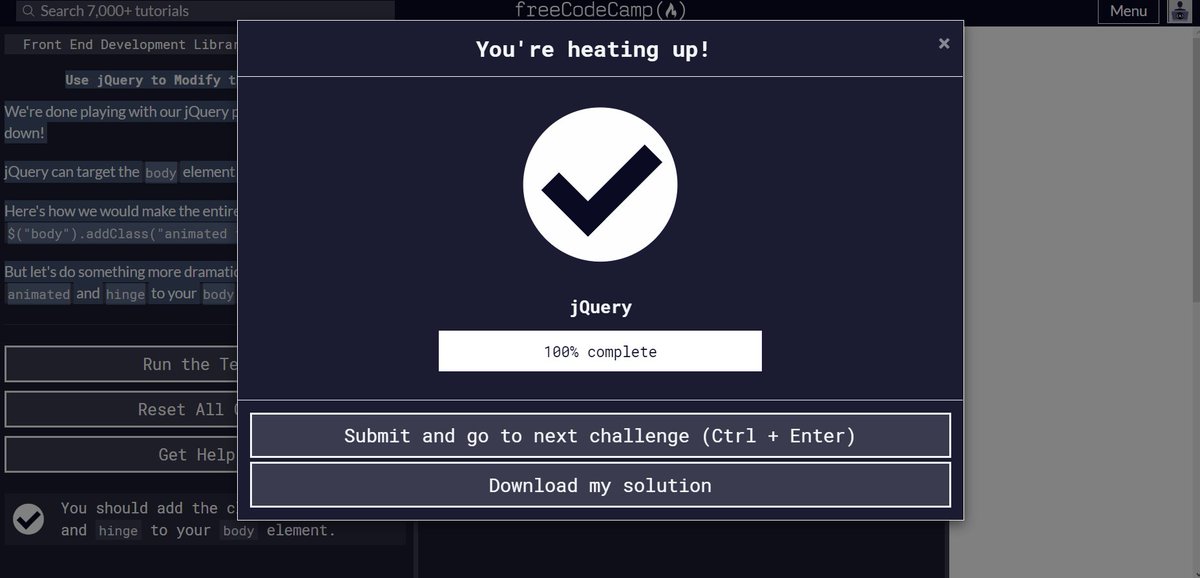 Iam_S4ch1's tweet image. #100DaysOfCode day51
Just finished the jQuery section of the Front End Development Libraries course in #freeCodeCamp.