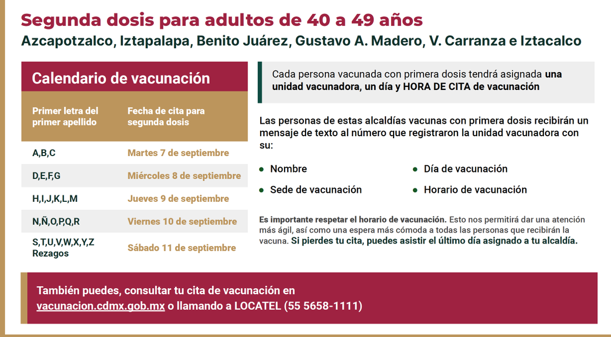 SSaludCdMx's tweet image. 🧔🏽👩🏽 A partir de mañana y hasta el sábado 11 de septiembre se estará aplicando la 2ª dosis del esquema AstraZeneca a la población de 40 a 49 años de las alcaldías: 

📍Azcapotzalco, Benito Juárez, Gustavo A. Madero, Iztacalco, Iztapalapa y Venustiano Carranza.