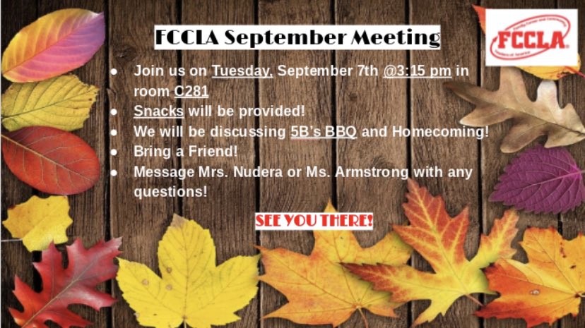 Come join FCCLA for our September meeting! Snacks will be provided! Looking forward to seeing all the members again!