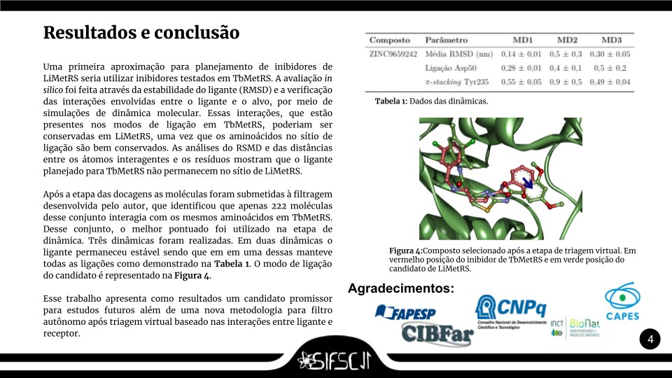 sifscposteres's tweet photo. Estratégias em modelagem molecular para a identificação de novos ligantes candidatos à fármacos para a leishmaniose
@HenriqueRt
https://t.co/wCrXA25VQV
#BiofísicaeCristalografia #FísicaComputacional #SIFSC11 https://t.co/1Ho5GhD7nk