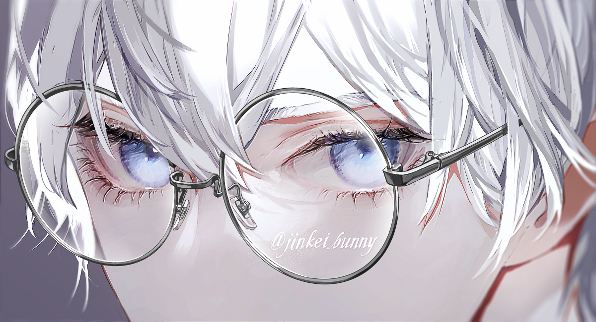 solo eye focus white hair glasses round eyewear looking at viewer 1boy  illustration images