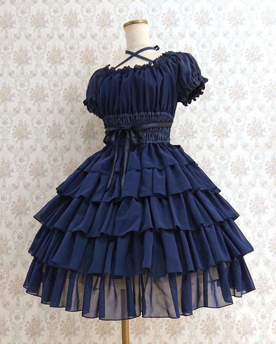 Pina sweet collection】 シフォンフリルワンピース ネイビー 5段