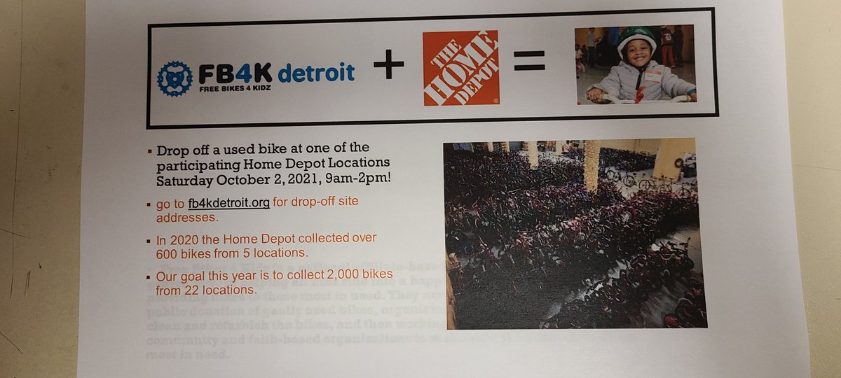We are partnering with FB4K Detroit. My store, The Home Depot 16 Mile and Van Dyke, has been chosen as a participating store. Anyone with a bike they aren't using can drop it off here or if need be I can pick up locally. You can make a difference in a child's life